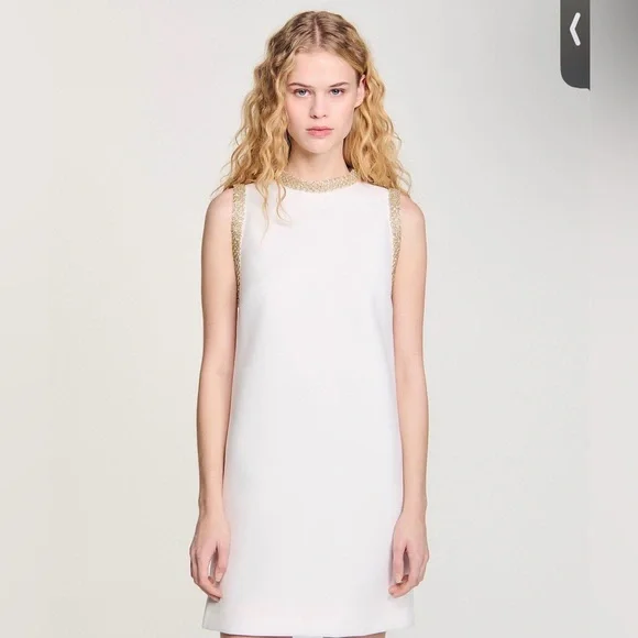 Sandro White Sleeveless Short Dress with Gold Rhinestone Trim - Picture 2 of 4